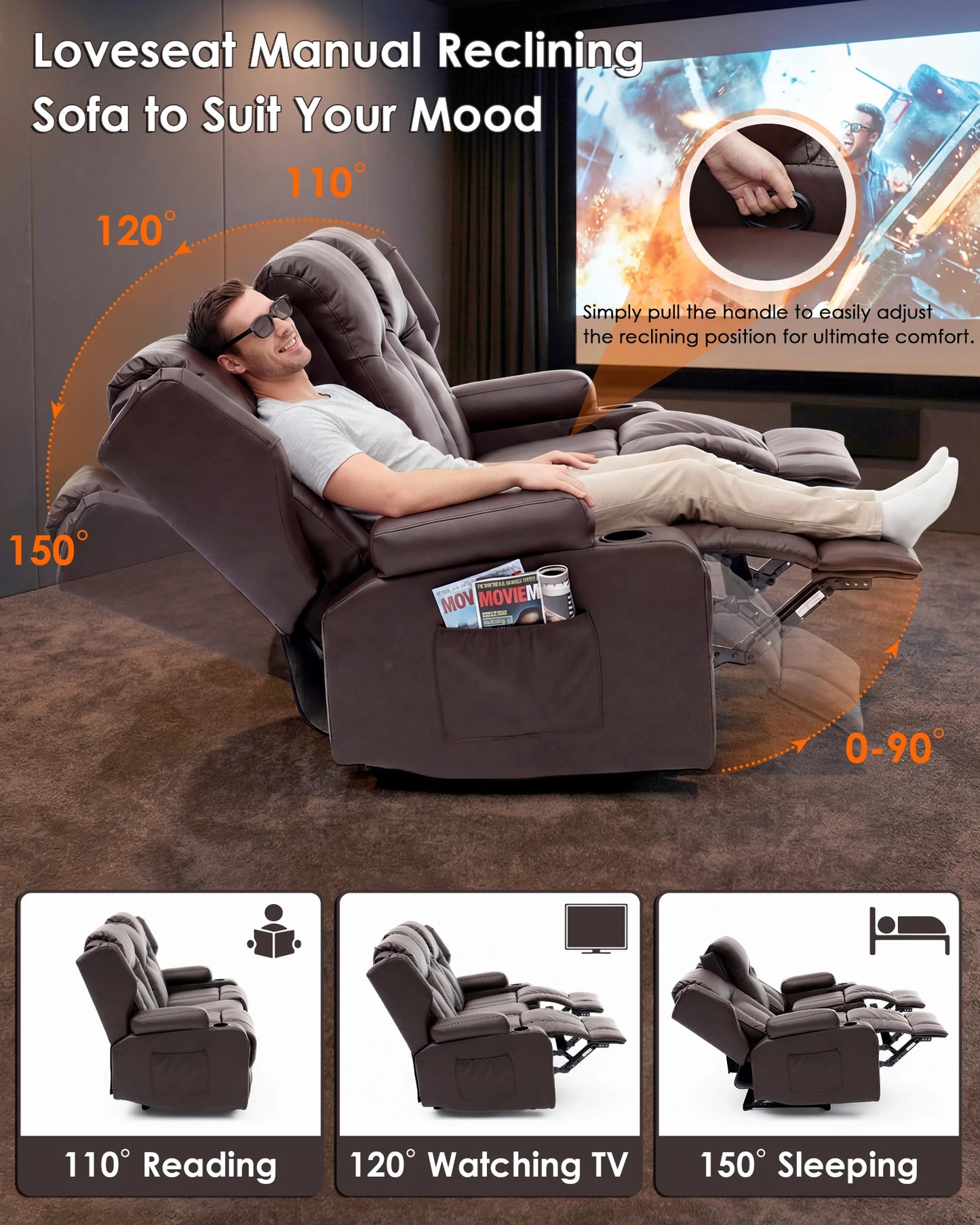 Redlife Loveseat Recliner Sofa with Console,Manual Pull Reclining Couch,Heating & Massage,USB & Power Outlet,Home Theater&RV
