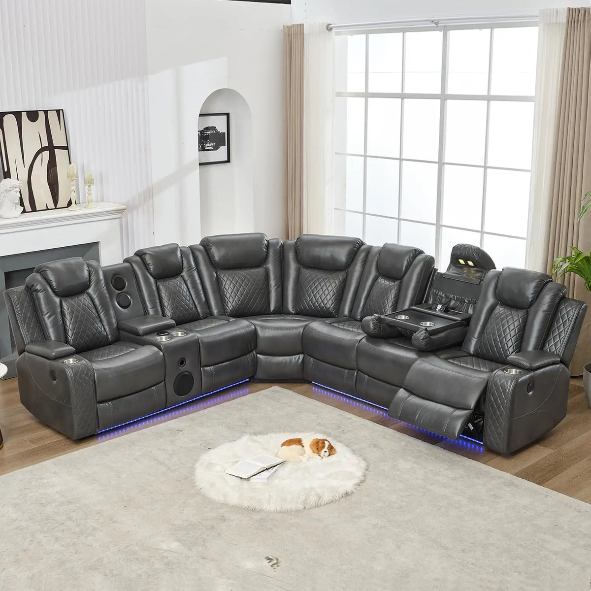 6-Seater Power Recliner Sectional Sofa with Drop-off Table, Faux Leather Electric Sofa Featuring Bass Speaker, LED Light, USB, T