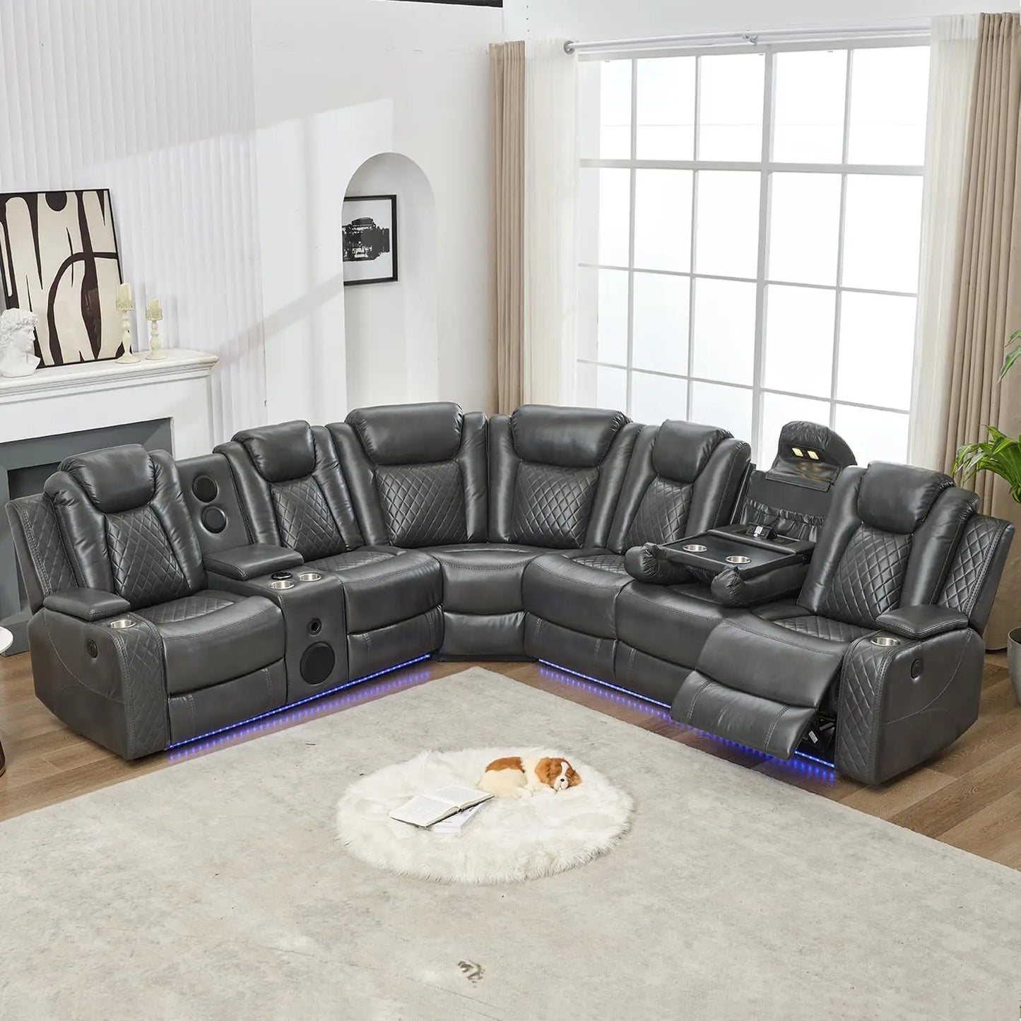 6-Seater Power Recliner Sectional Sofa with Drop-off Table, Faux Leather Electric Sofa Featuring Bass Speaker, LED Light, USB, T
