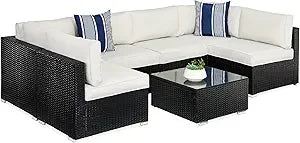Seven Piece Modular Set, Outdoor Sectional Wicker Patio, Conversation With Two Pillows, Coffee Table Cover Included