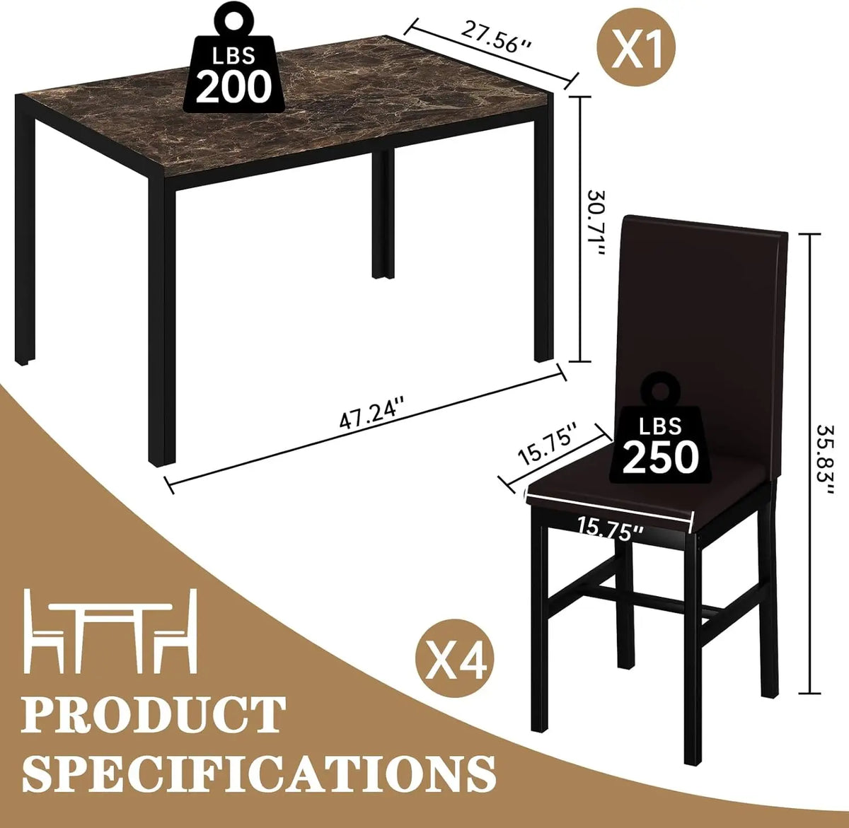 Dining Table Set for 4, Faux Marble Table with 4 PU Leather Chairs, Kitchen Breakfast Nook Set