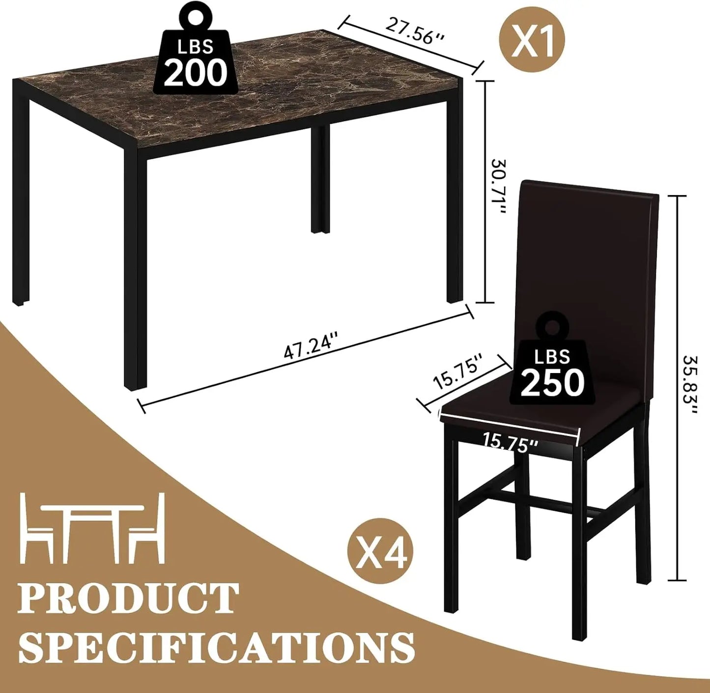Dining Table Set for 4, Faux Marble Table with 4 PU Leather Chairs, Kitchen Breakfast Nook Set