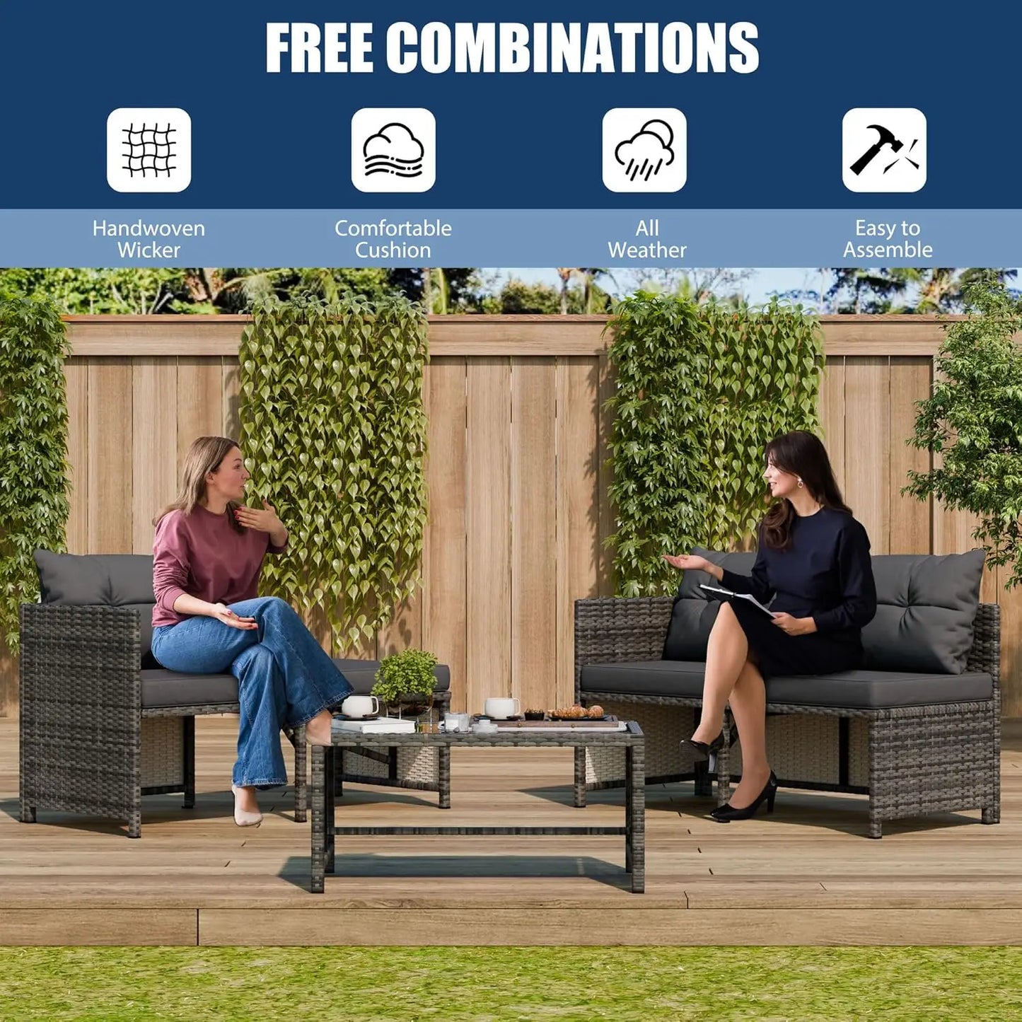 Vongrasig 3 Piece Patio Furniture Sets, All-Weather Wicker Outdoor Sofa Couch Sectional Set, Small Conversation Set for Patio, G