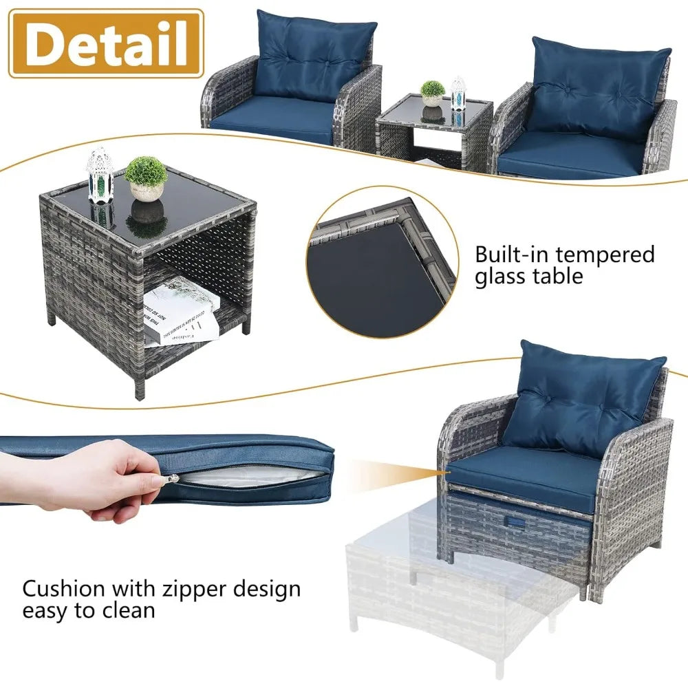 All-Weather PE Rattan Outdoor Patio Chairs Set with Ottoman, 5-Piece Conversation Furniture