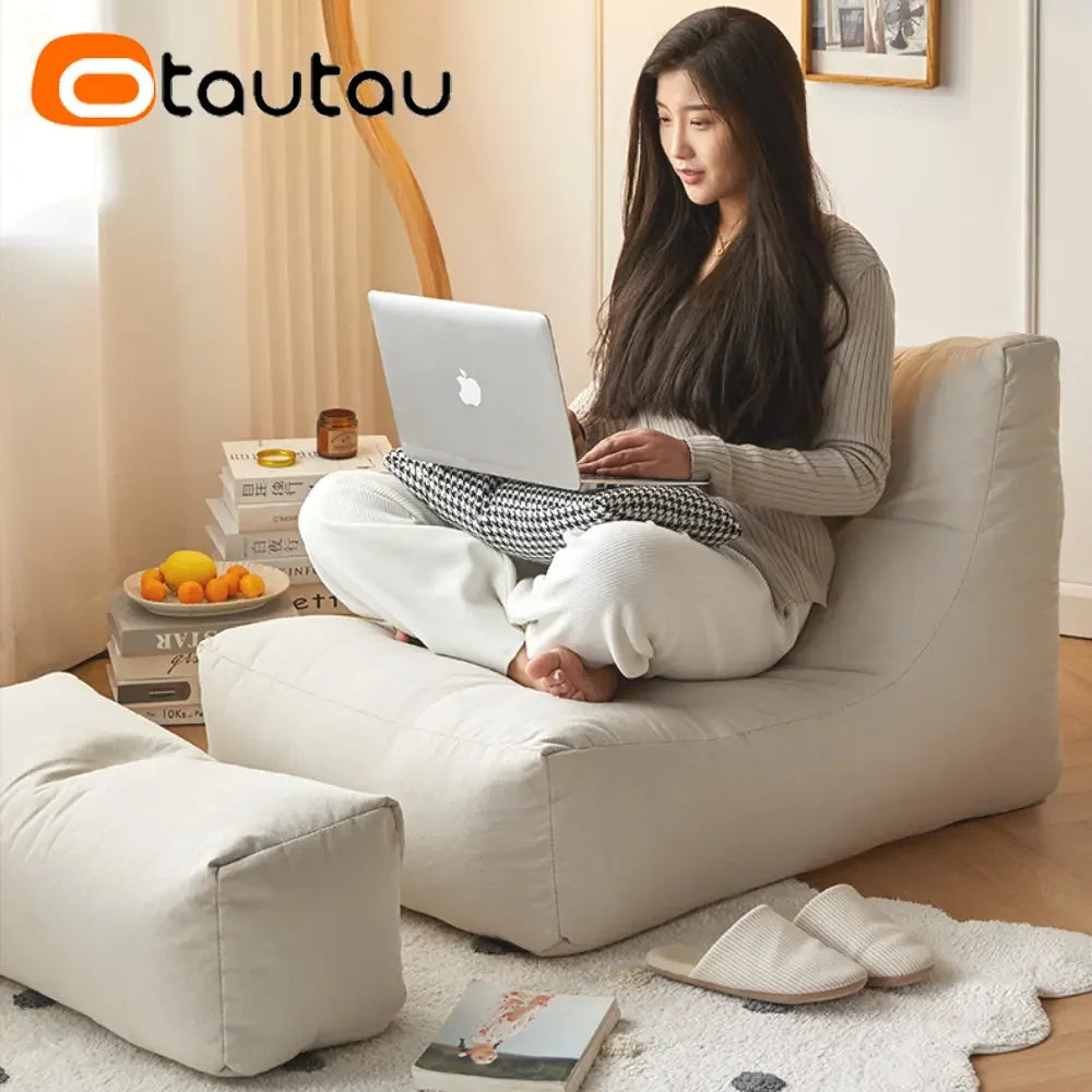 OTAUTAU Soft Cotton Bean Bag Cover Without Filler Chaise Lounge Recliner Sofa Bed Beanbag Pouf Sac with Footstool Ottoman SF027