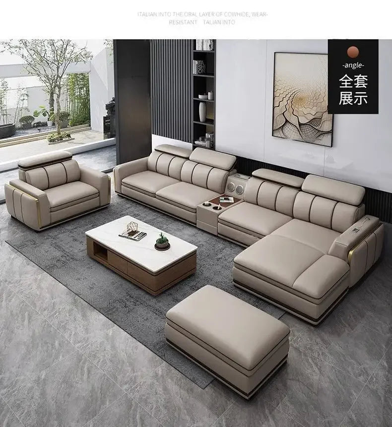 Light luxury first-layer cowhide leather sofa, living room size, straight row concubine combination household leather sofa