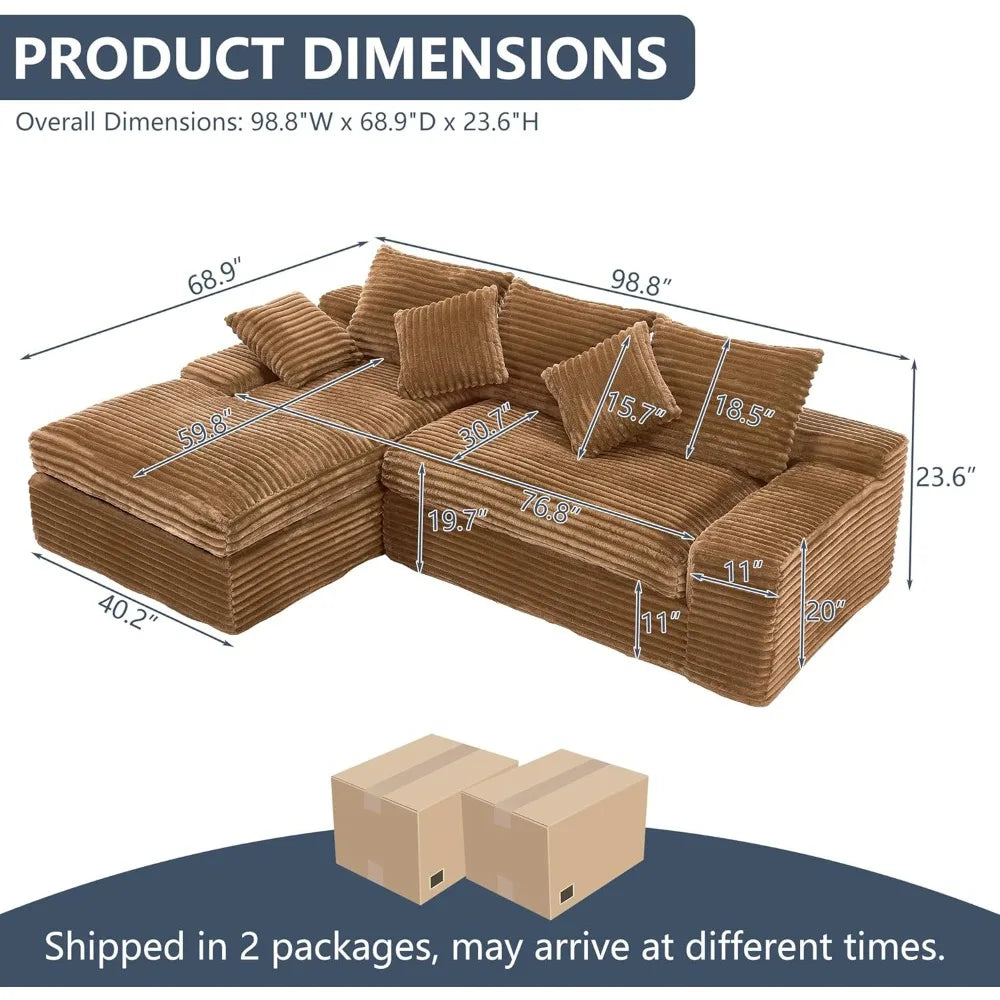 Luxury 98.8 Inch L-Shaped Sectional Sofa with Chaise, Plush Corduroy Cloud-Like Comfort for Home Living