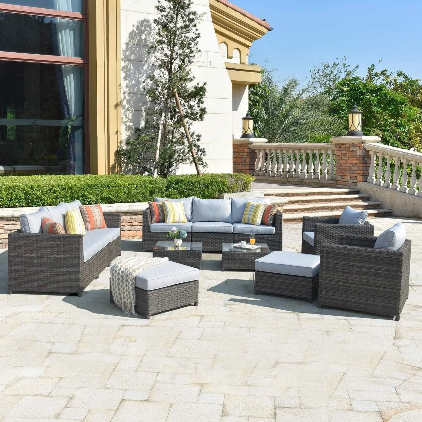 Garden furniture 12 pieces rattan combination sofa set with thick cushions