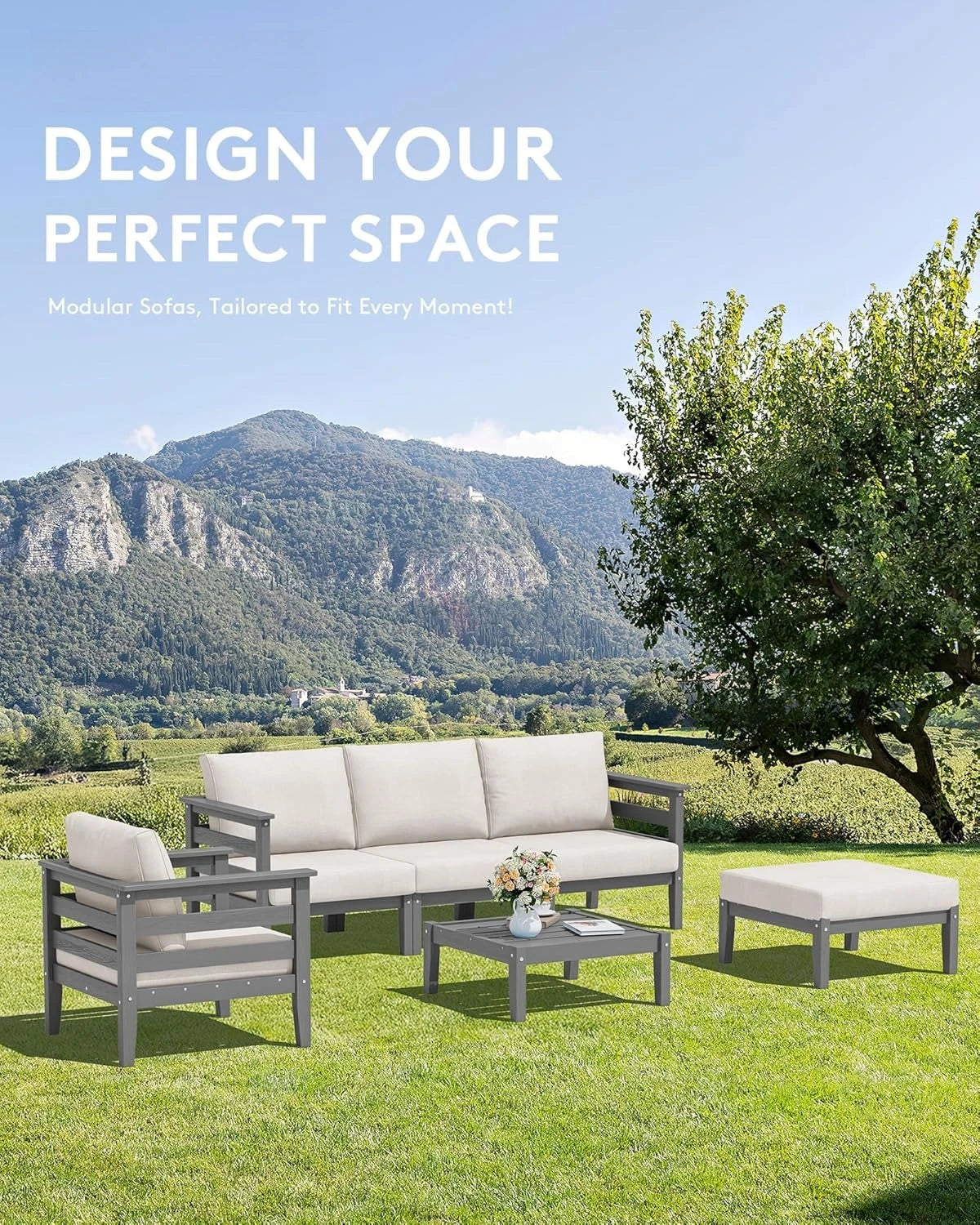 HDPE Patio Furniture Set, 6 Pieces Outdoor Sectional Sofa Set, All-Weather Wood-Like Outdoor Sofa Couch with Coffee Table for D