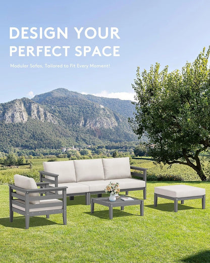 HDPE Patio Furniture Set, 6 Pieces Outdoor Sectional Sofa Set, All-Weather Wood-Like Outdoor Sofa Couch with Coffee Table for D