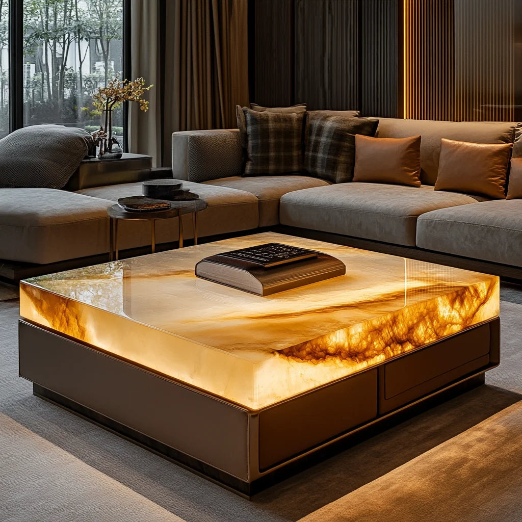 Leather luminous jade coffee table custom marble large flat-floor villa living room luxury stone modern home