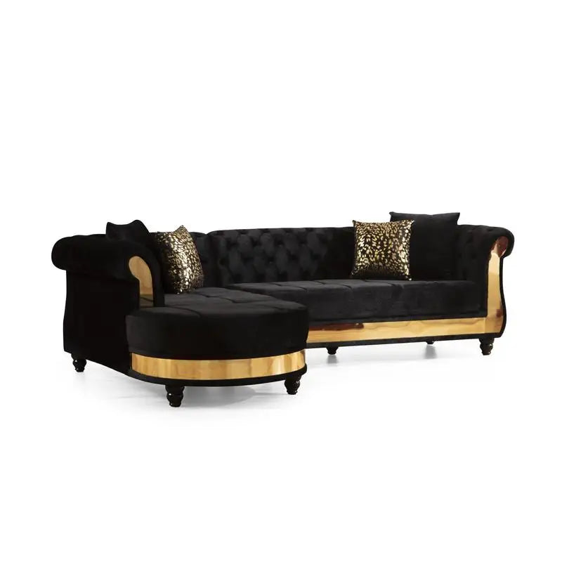 Black Tufted Upholstered Sectional Sofa with Wood Frame