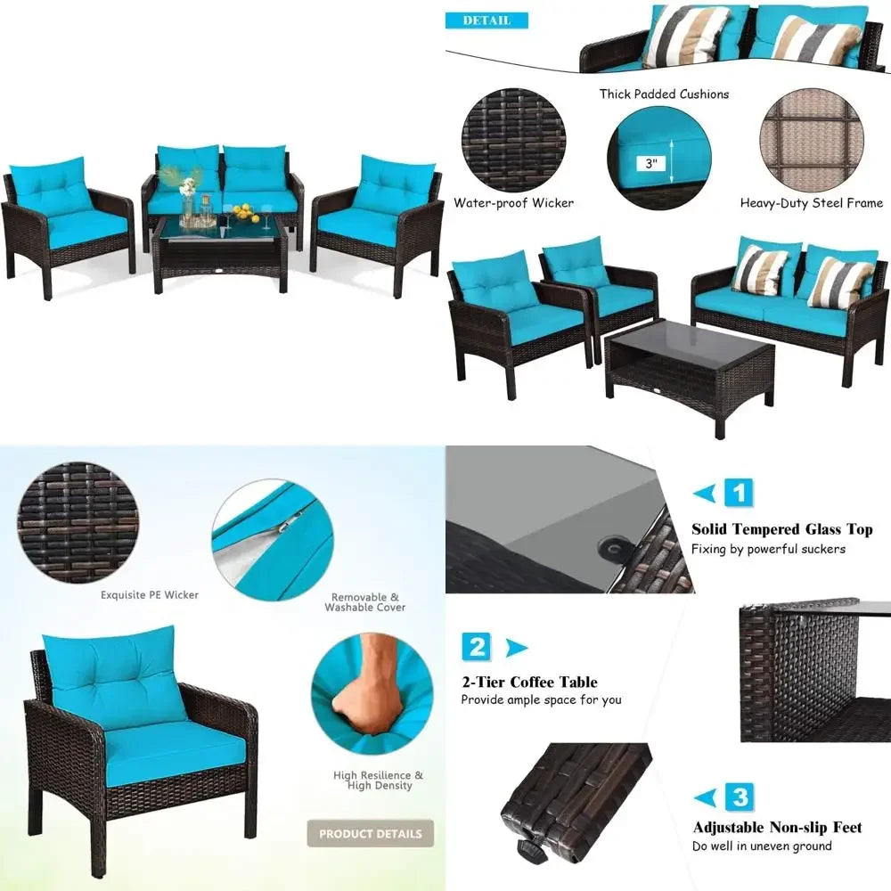 outdoor wicker patio furniture set: 4-piece conversation sectional sofa with coffee table and cushions