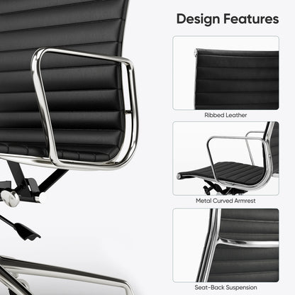 High Mid Back Ribbed Office Chair Genuine Leather Swivel Chair Adjustable Ergonomic Computer Chair with Aluminium Alloy Frame