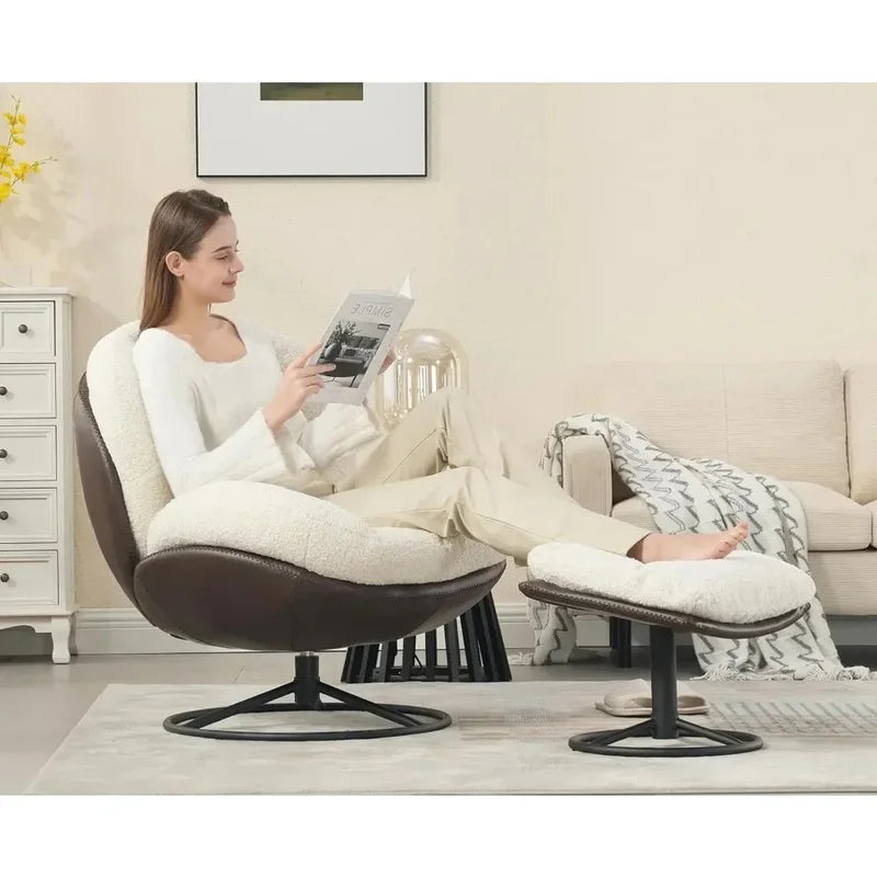 Modern Faux Fur Accent Chair with Ottoman, Lounge Armchair with Footrest and Sturdy Base for Living Room