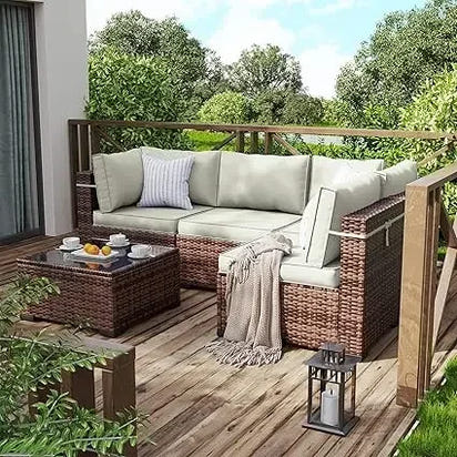 Patio Furniture Set Outdoor Modern Sectional  Wicker Couch with Glass Coffee Table, Thicken Cushions, Waterproof Cover