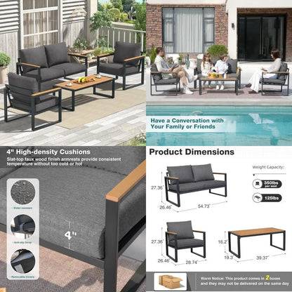 4-Piece Outdoor Patio Furniture Set with Metal Conversation Area and Washable Cushions