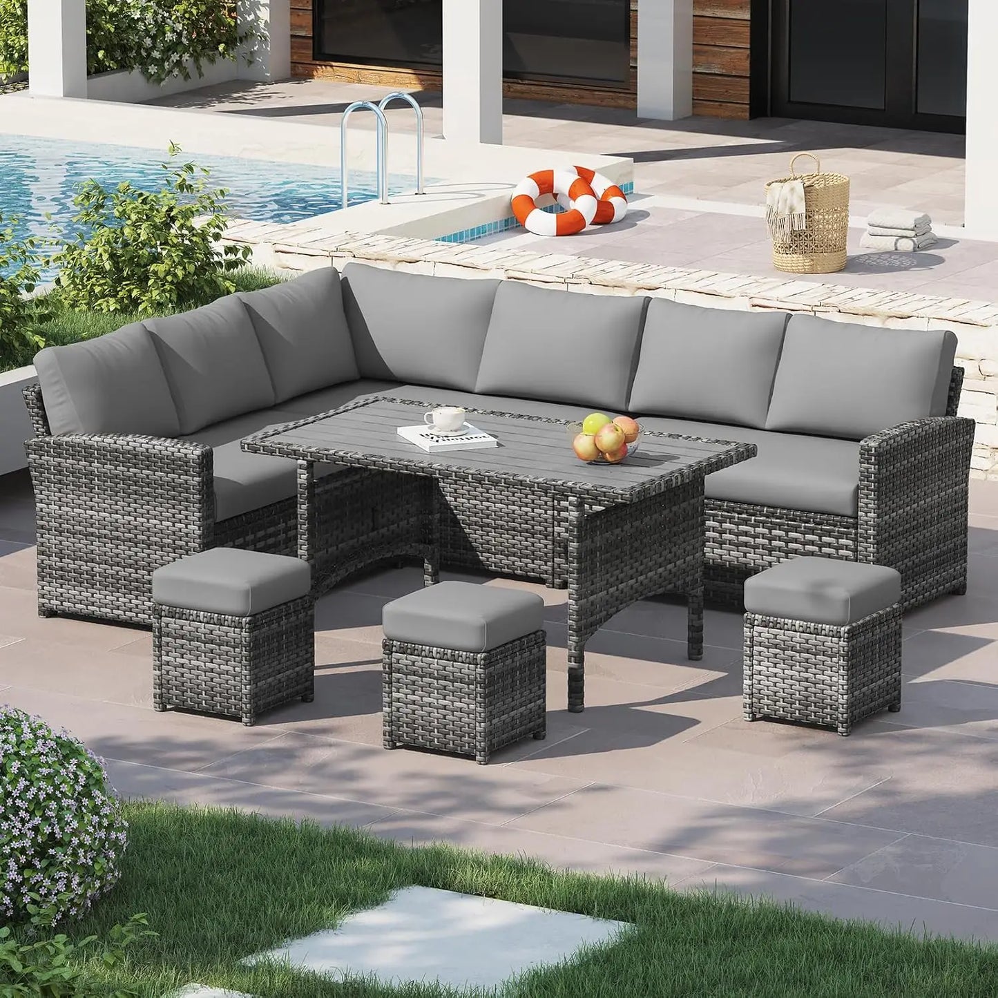 7 Pieces Patio Furniture Set with Waterproof Cover, Outdoor Sectional Sofa Conversation Set, All Weather Wicker, Customized