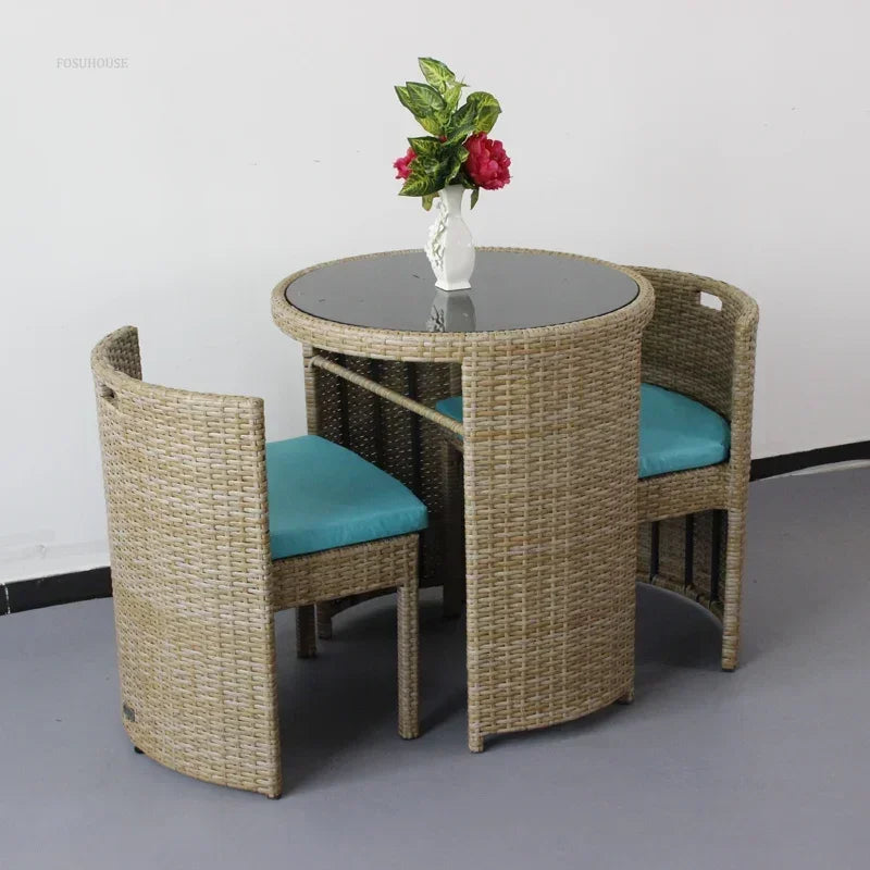 Nordic Rattan Garden Furniture Set Three-piece Courtyard Terrace Outdoor Round Table and Chairs Patio Leisure Table and Chairs X