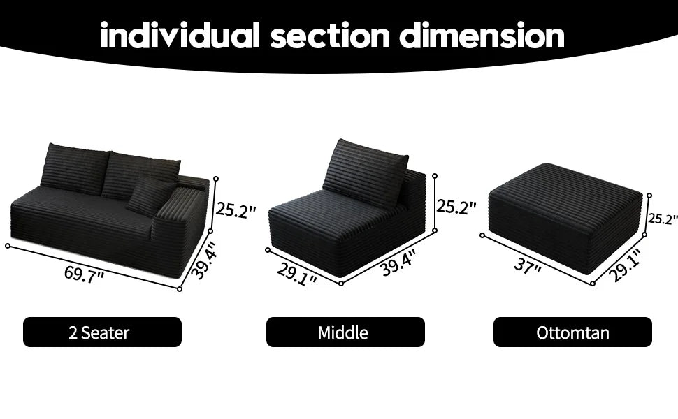 Cloud-style sectional sofa, with corduroy cover, fluffy memory foam cushions, easily assembled, modular recliner, large sofa set