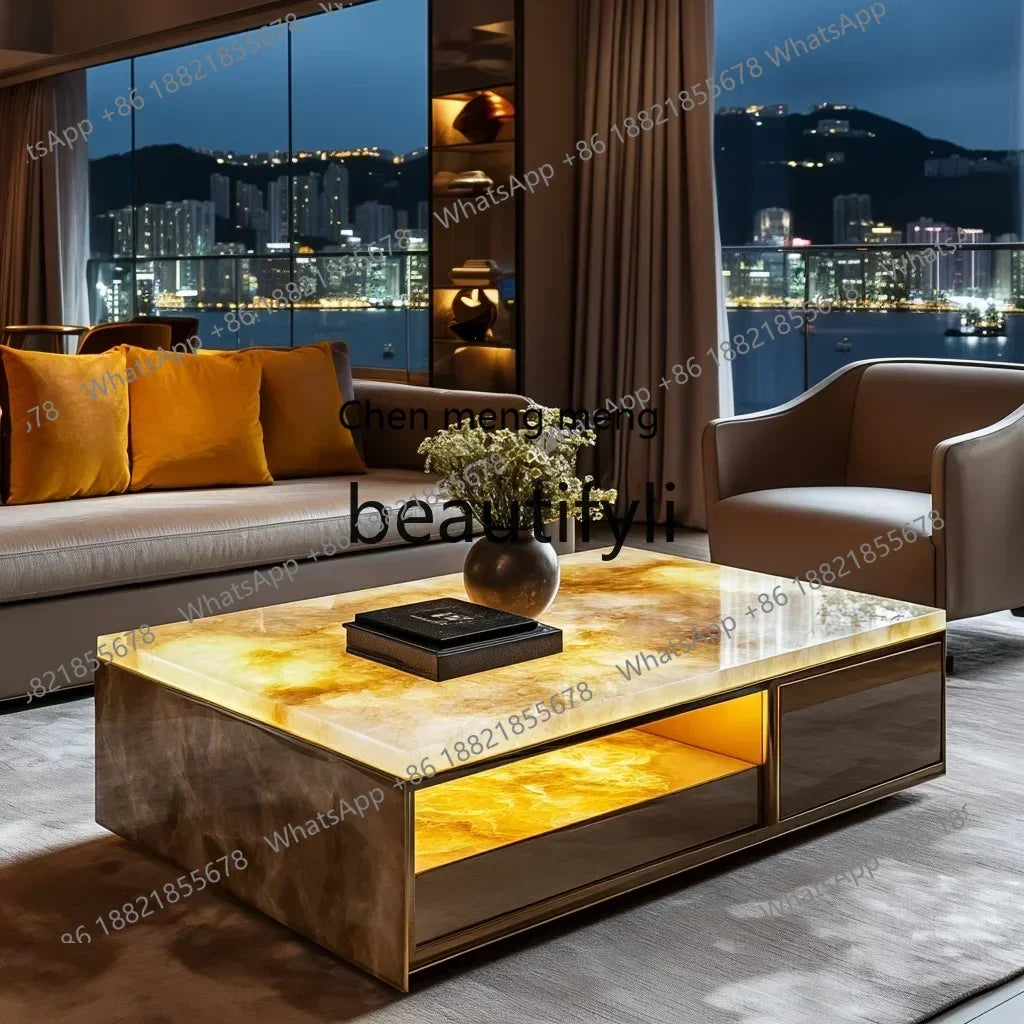 11Customized square modern luminous jade coffee table living room design large flat luxury stone villa marble home