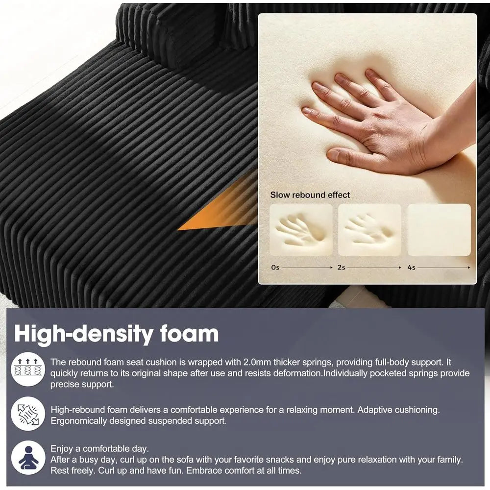 Black Corduroy L-Shaped Sofa with Chaise, Deep Seating, No Assembly Needed for Living Room or Bedroom