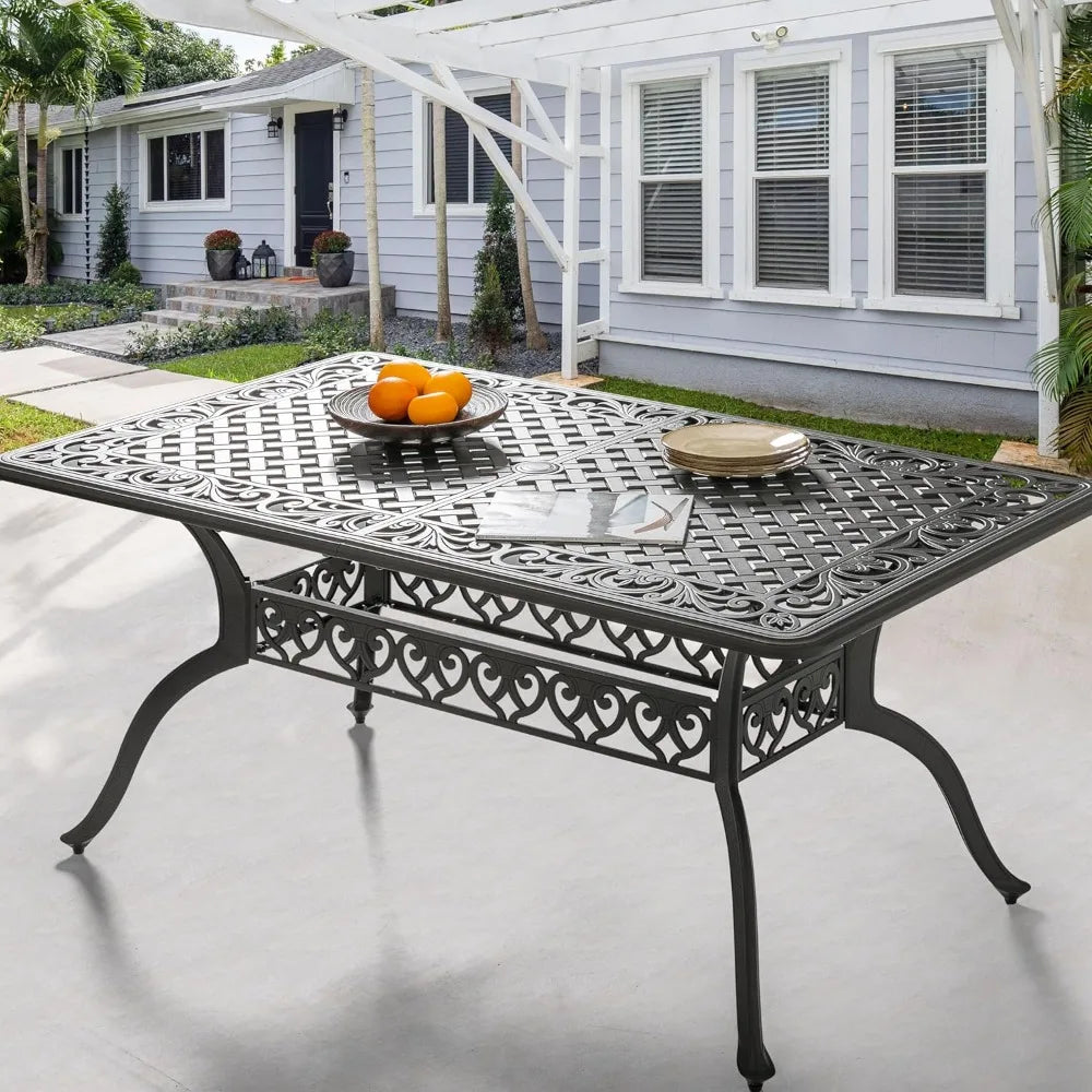 60" outdoor dining table with 2.09" umbrella hole, all weather cast aluminum outdoor patio table, 6-8 person rectangle dining t