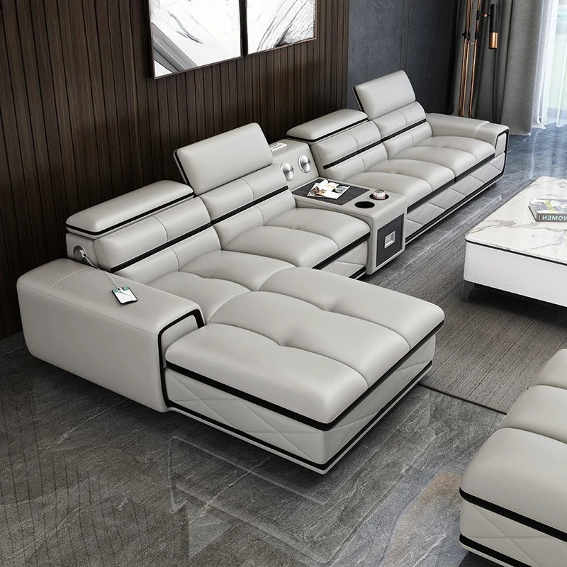 Simple and modern leather sofa combination large apartment living room L-shaped corner function headrest few fully
