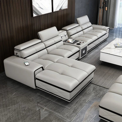 Simple and modern leather sofa combination large apartment living room L-shaped corner function headrest few fully