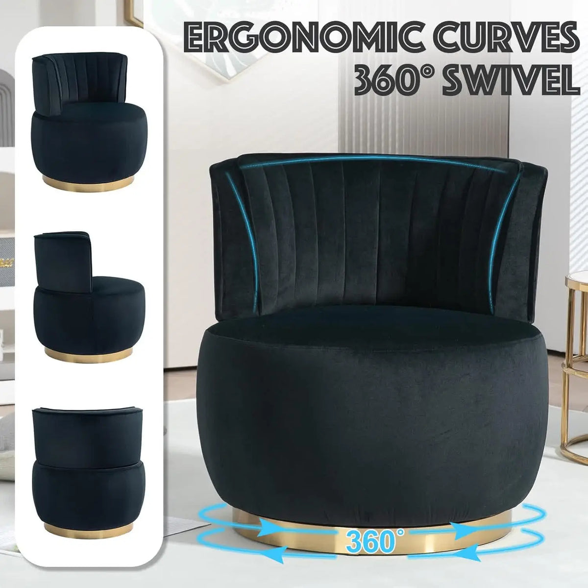 Swivel Barrel Chair, Black Velvet Modern Accent Chair, Round Upholstered Comfy Side Chair, Sherpa Chair With Gold Base For Nurse