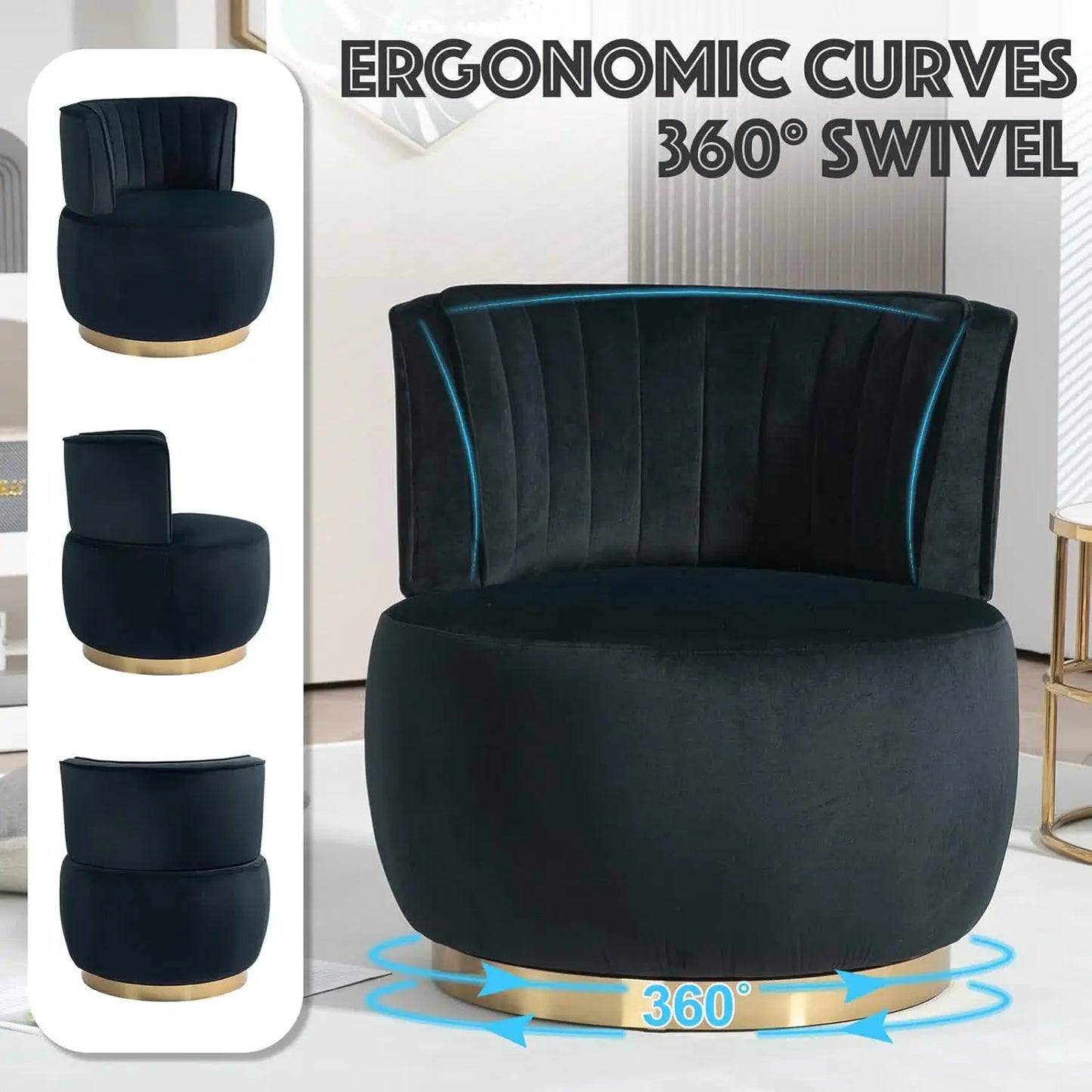 Swivel Barrel Chair, Black Velvet Modern Accent Chair, Round Upholstered Comfy Side Chair, Sherpa Chair With Gold Base For Nurse