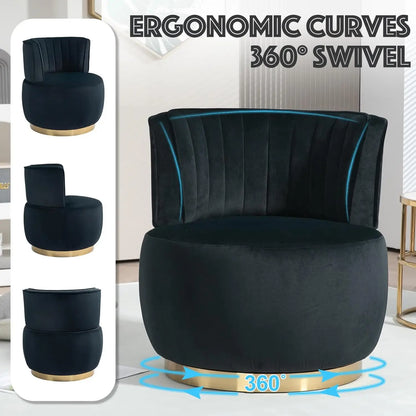 Swivel Barrel Chair, Black Velvet Modern Accent Chair, Round Upholstered Comfy Side Chair, Sherpa Chair With Gold Base For Nurse