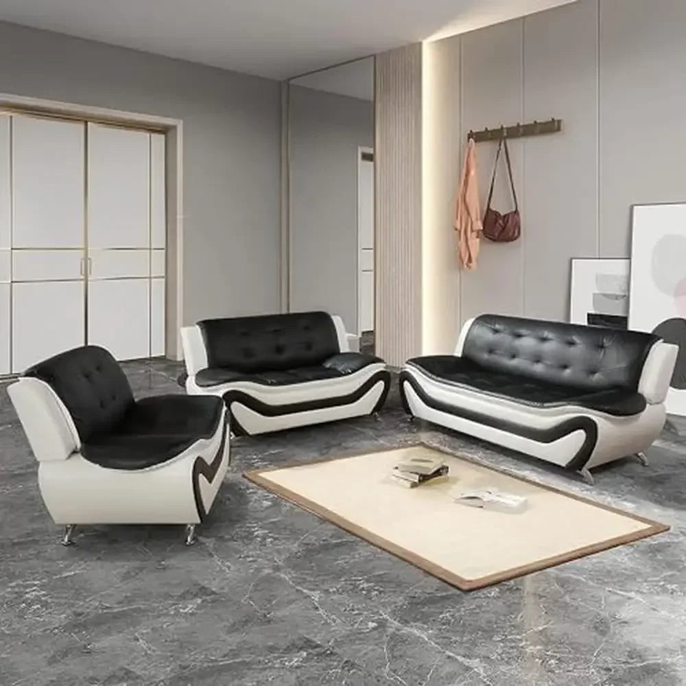 Living Room Furniture Set 3 PCS Black/White Ergonomic Design Breathable Faux Leather Upholstery Contemporary Vegan Leather Sofa