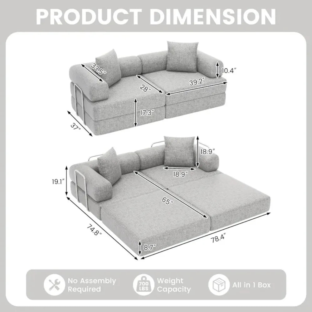 Folding Sleeper Sofa Bed Convertible Foam Floor Mattress Couch, 2-Seater Boneless Foldable Loveseat Sectional Couch Bed