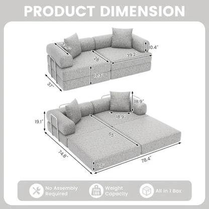 Folding Sleeper Sofa Bed Convertible Foam Floor Mattress Couch, 2-Seater Boneless Foldable Loveseat Sectional Couch Bed