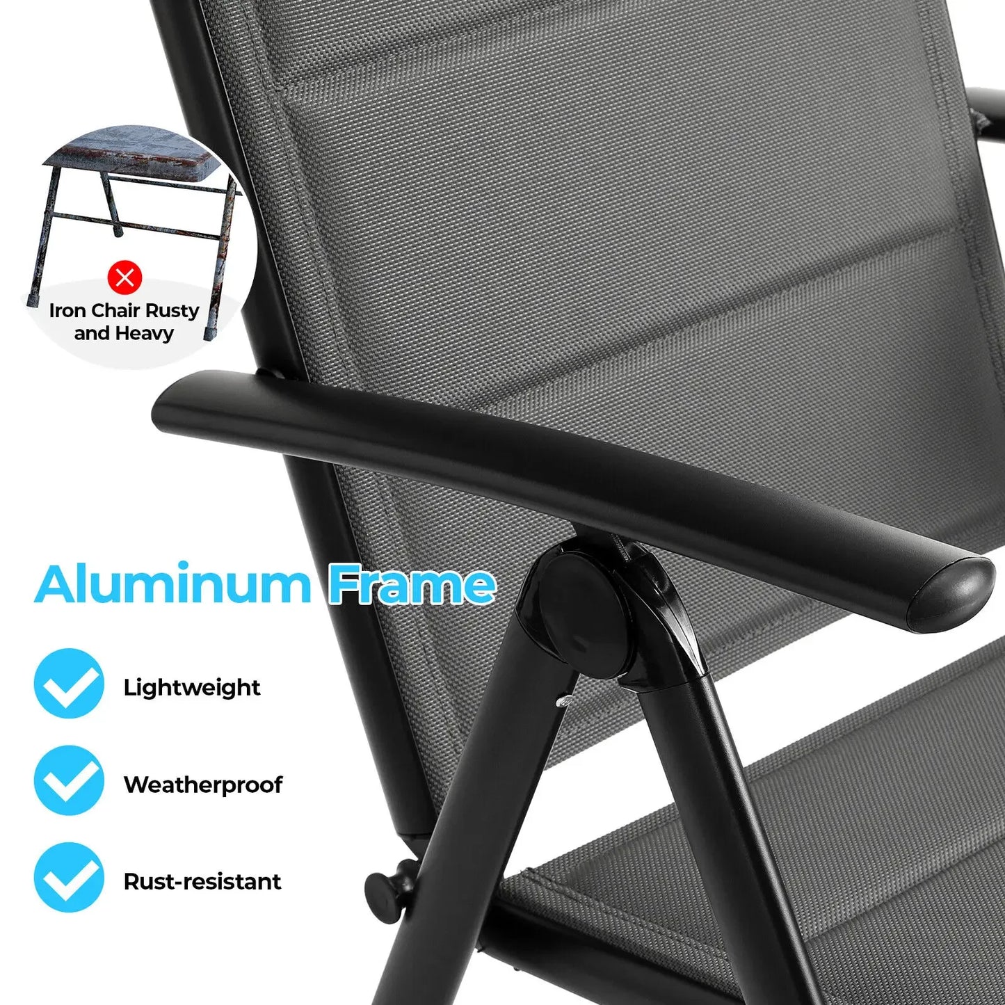 Aluminum Foldable Garden Chair, Lounge Backrest 7 Adjustable Settings, with Armrests, Weatherproof Outdoor Chairs Black,Gray