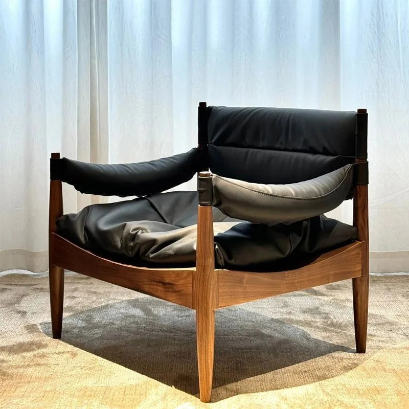 Wooden Living Room Chairs Leather Armchair Aesthetic Vintage Single Person Backrest Chair Luxury Comfortable Lazy Sofa Chair