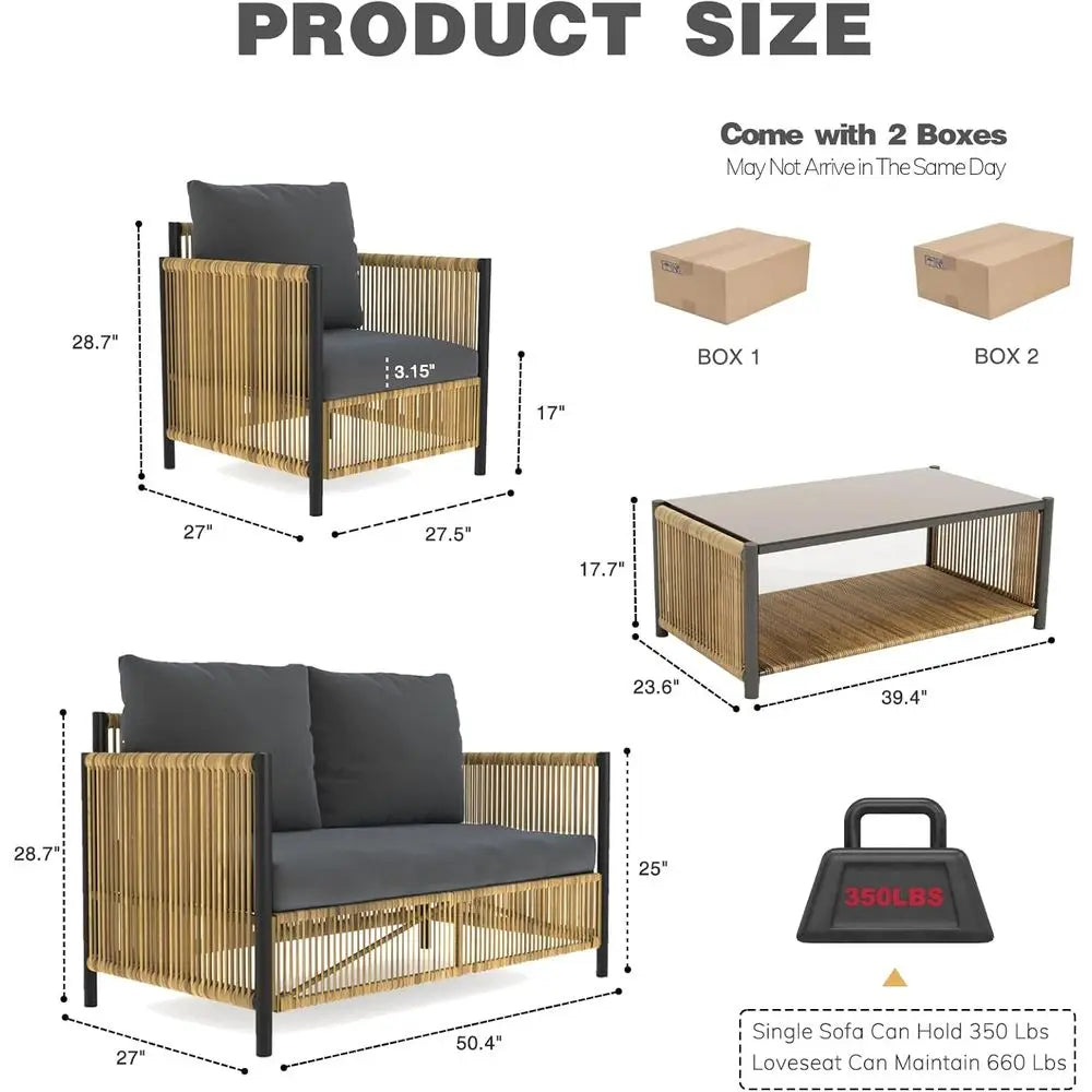 All-Weather Outdoor Wicker Sofa Set with Coffee Table and Cushions, Suitable for Patio, Garden, Backyard, Brown & Grey
