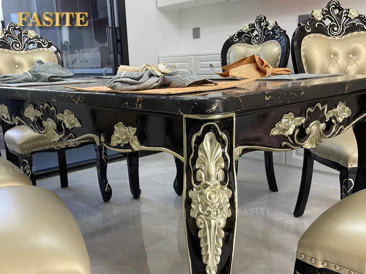 Natural marble dining tables and chairs household luxury simple solid wood carved rectangular dining table.