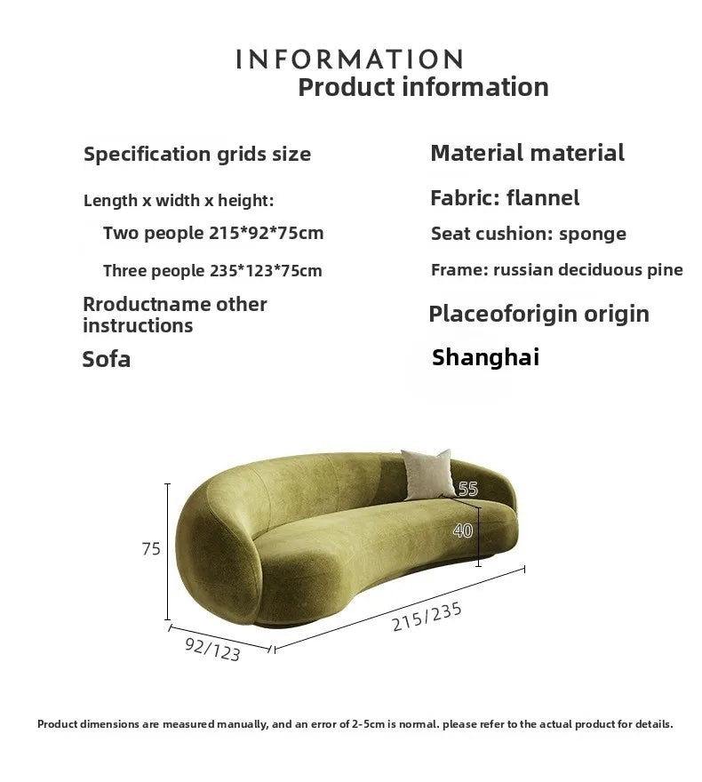 Margery Moon Minimalist Creative Living Room Sitting Area Reception Pea Lamb Fleece Curved Cashew Fabric Sofa