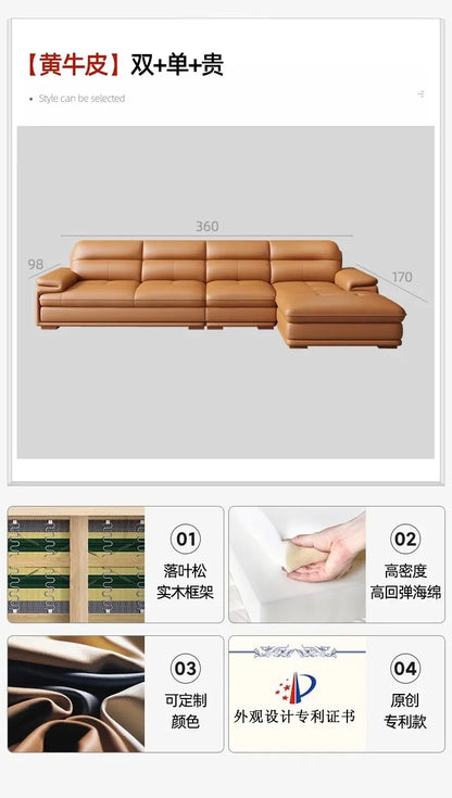 Nordic Italian light luxury leather sofa with a top layer of cowhide, modern and minimalist living room size,  art sofa