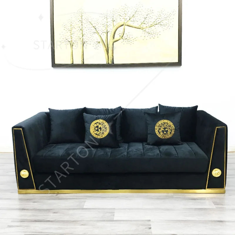 Modern Luxury Black Golden Velvet Sofa and Love Seat Nordic Gold Bellini 3 Sectional Couch for Wedding Home Living Furniture Set