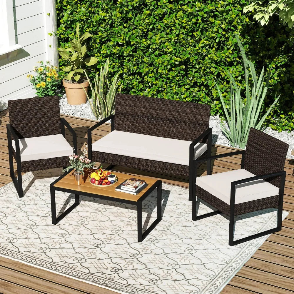 4 Piece Patio Furniture Set w/ Cushioned Chairs & Wood Plastic Coffee Table
