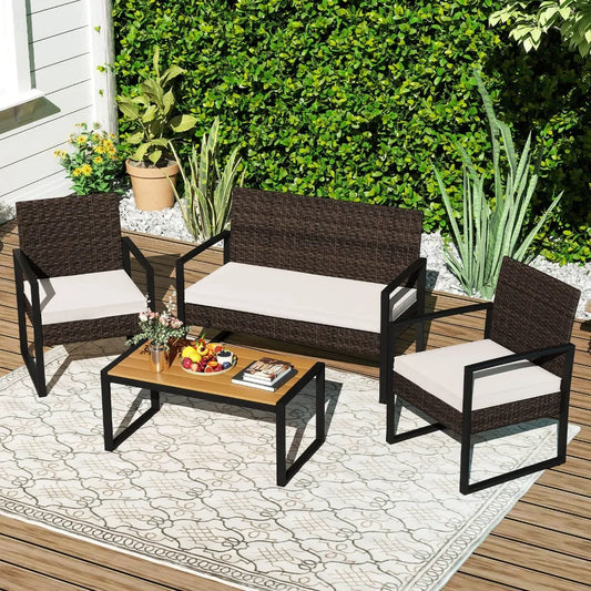 4 Piece Patio Furniture Set w/ Cushioned Chairs & Wood Plastic Coffee Table