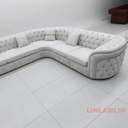 A Luxury Chesterfield Sectional Sofa Set With Cloth Buttons And Fabric Modular Couch With Gold Stainless Steel Base, 3-seater So
