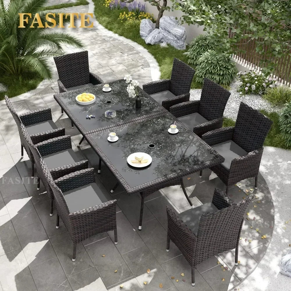 Terrace Furniture Set, Including 8 Cushioned Chairs and 2 Square Tables with Umbrella Shaped Hollow Grey Outdoor Chairs
