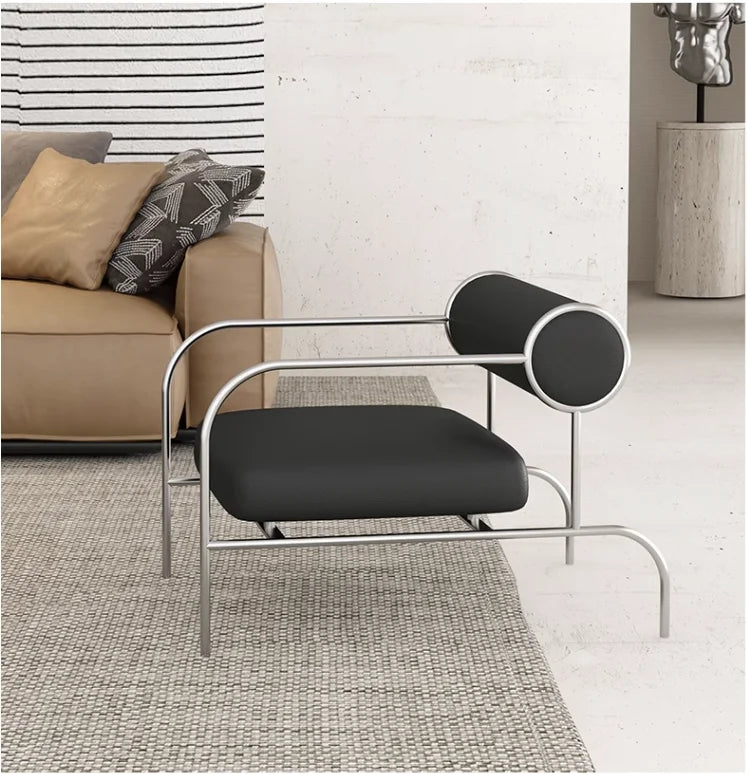 Art Deco Style Chrome & Leather Lounge Chair,Accent Leisure Chair with Geometric Metal Frame,Retro Furniture for Living Room