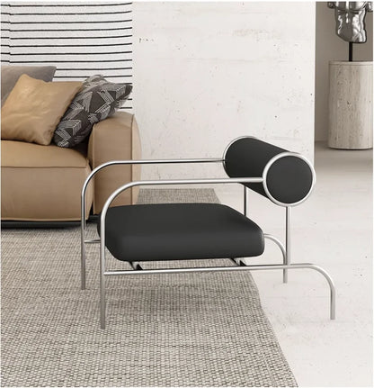 Art Deco Style Chrome & Leather Lounge Chair,Accent Leisure Chair with Geometric Metal Frame,Retro Furniture for Living Room