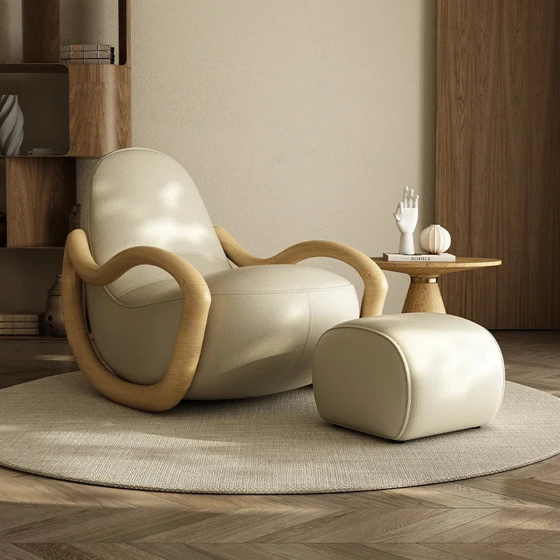 Cream wind solid wood rocking chair technical cloth household balcony Chinese lazy sofa  FT