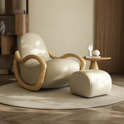 Cream wind solid wood rocking chair technical cloth household balcony Chinese lazy sofa  FT